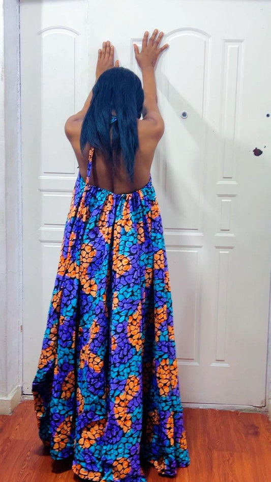 Backless Nkili African Print Maxi Dress: Ankara Long Dress, Versatile multi Color Gown
