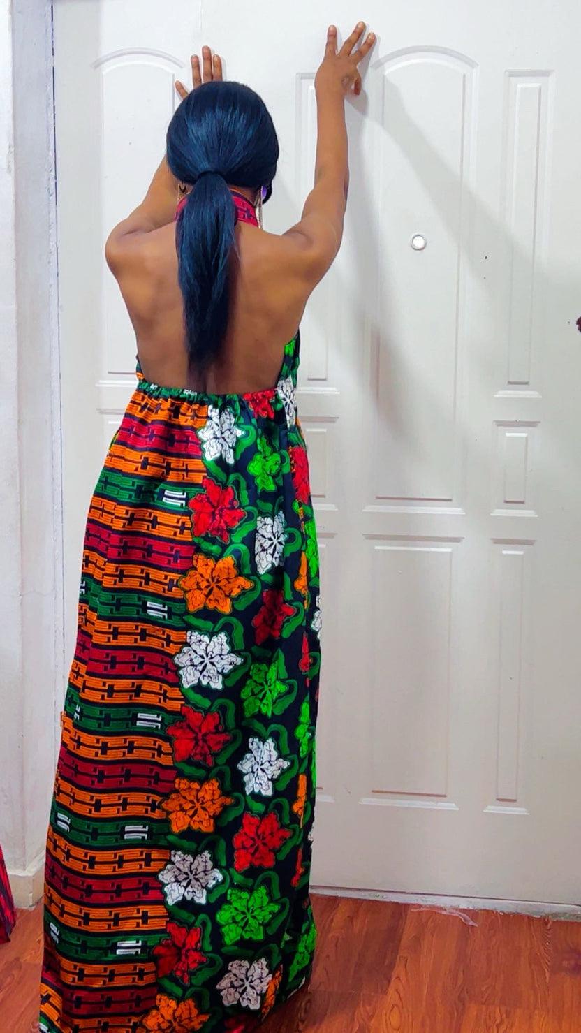 Ego Backless African Print Maxi Dress: Ankara Long boho Dress, Versatile multi-Color Gown