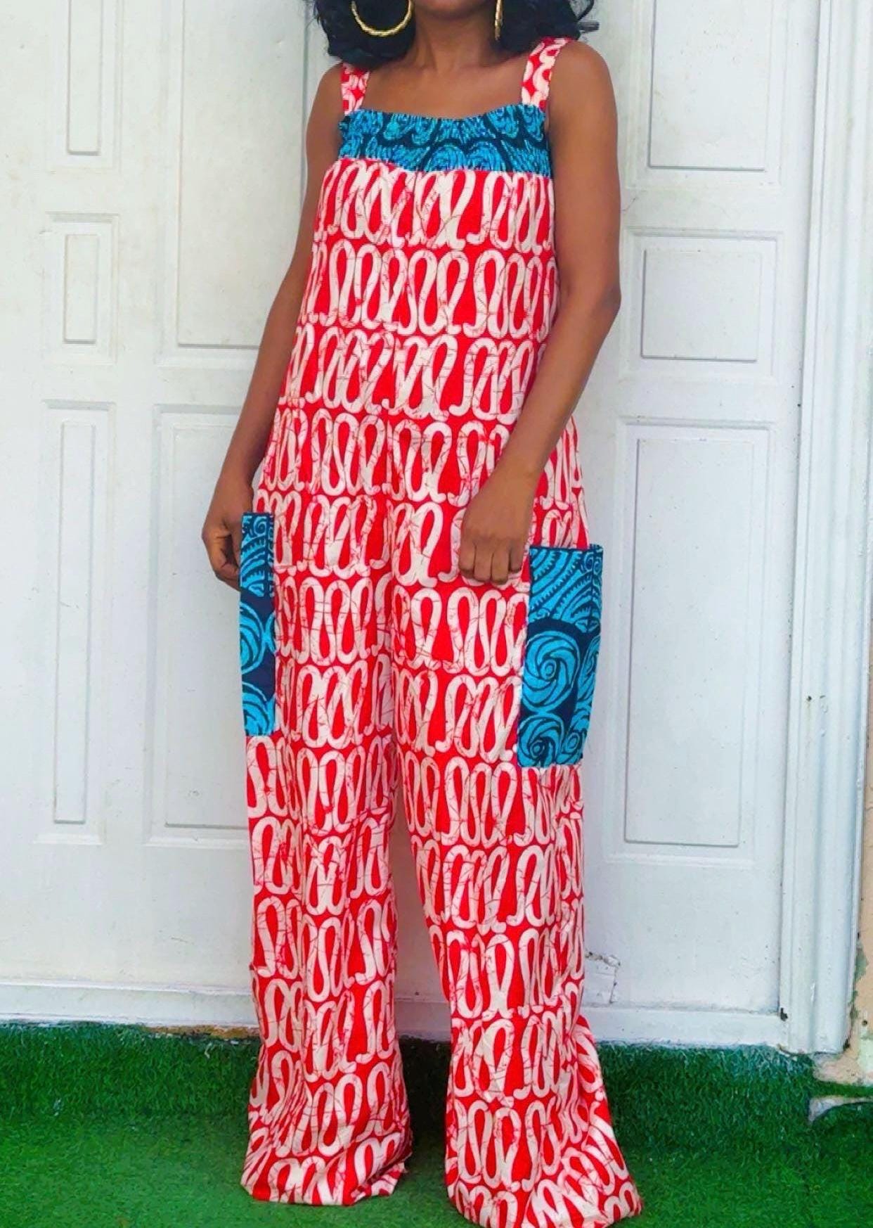 African Print Wide Leg Jumpsuit | Smocked Straps, Pockets, Ankara Cotton Resort Wear
