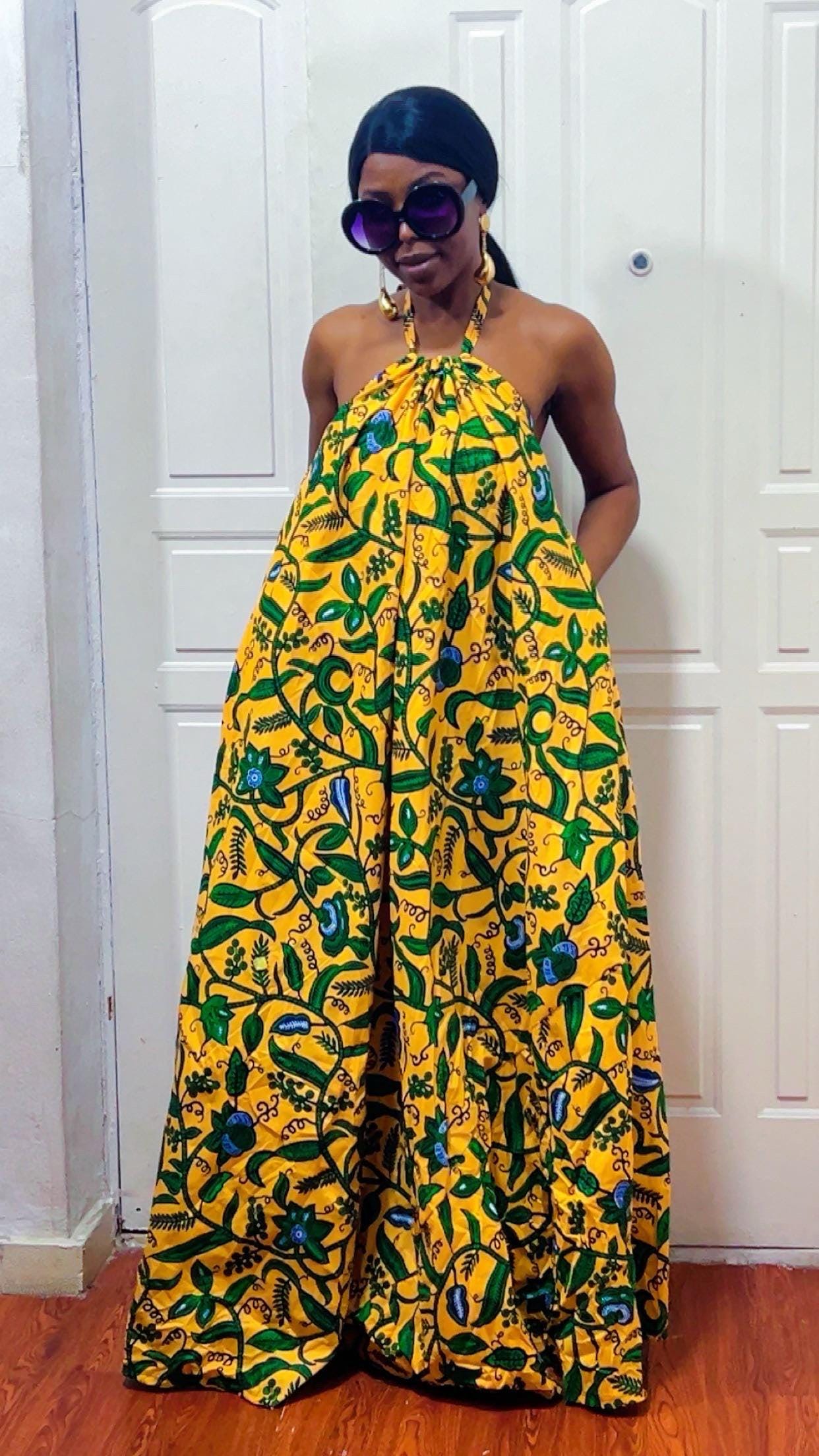 Backless Nkili African Print Maxi Dress: Ankara Long Dress, Versatile yellow Gown