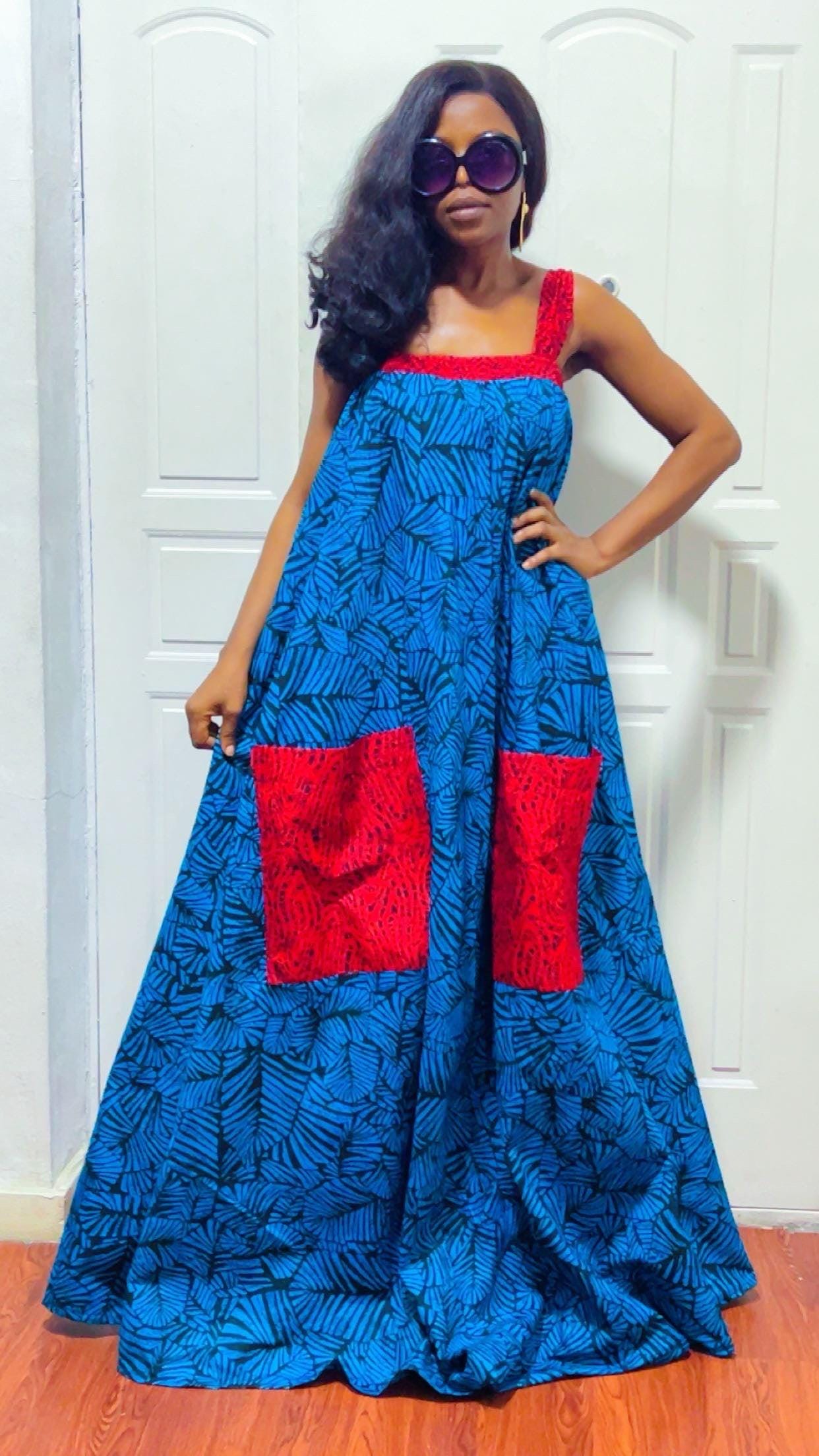 African Print Maxi Dress: Blue and red Ankara boho long Dress, Versatile Style
