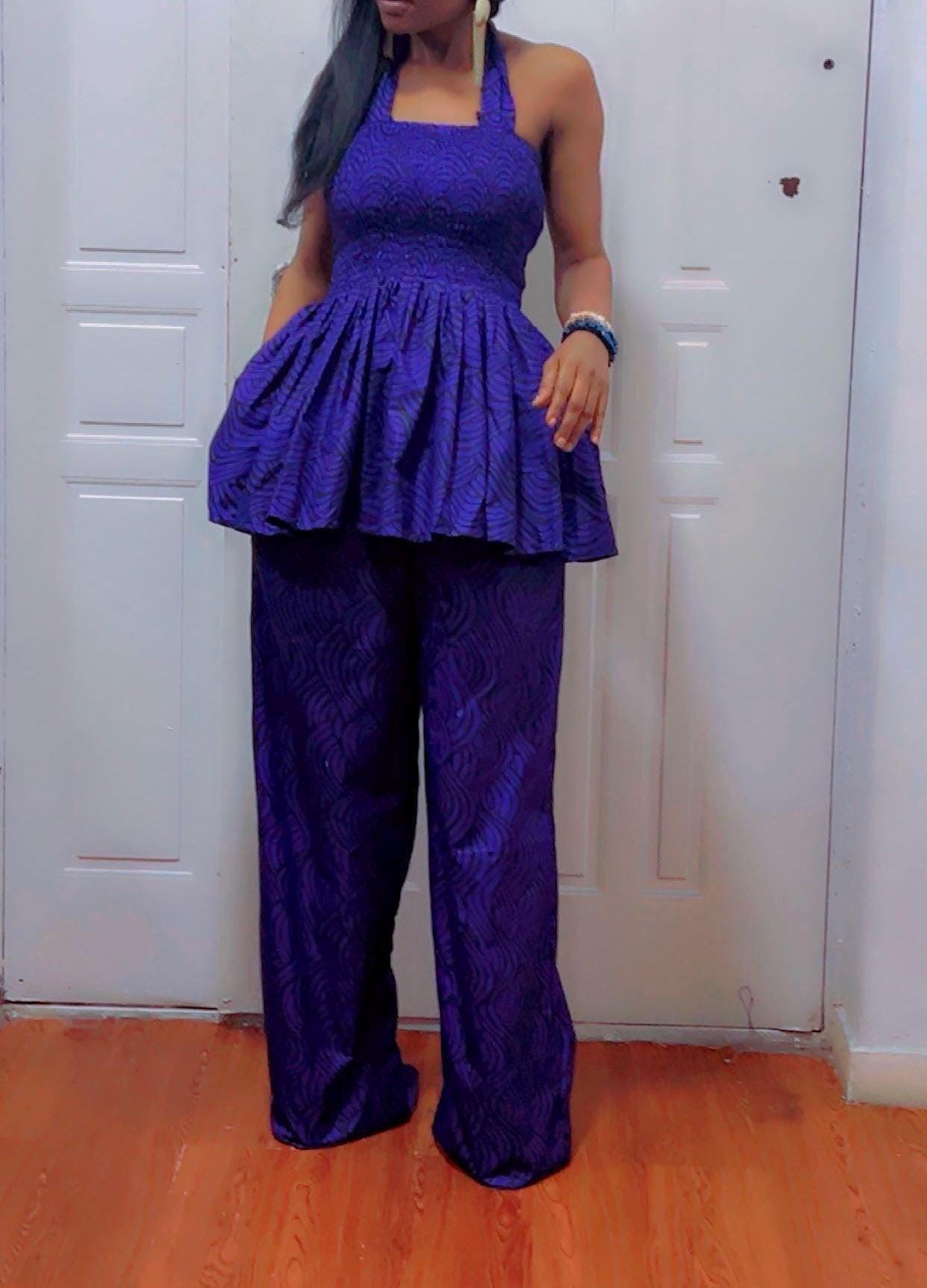 African Print purple Two Piece Set Smocked Waist Top and Wide Leg Pants