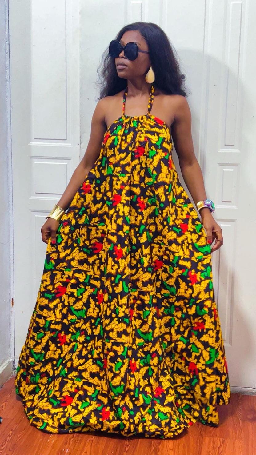 Backless Nkili African Print Maxi Dress: Ankara Long Dress, Versatile multi yellow Gown
