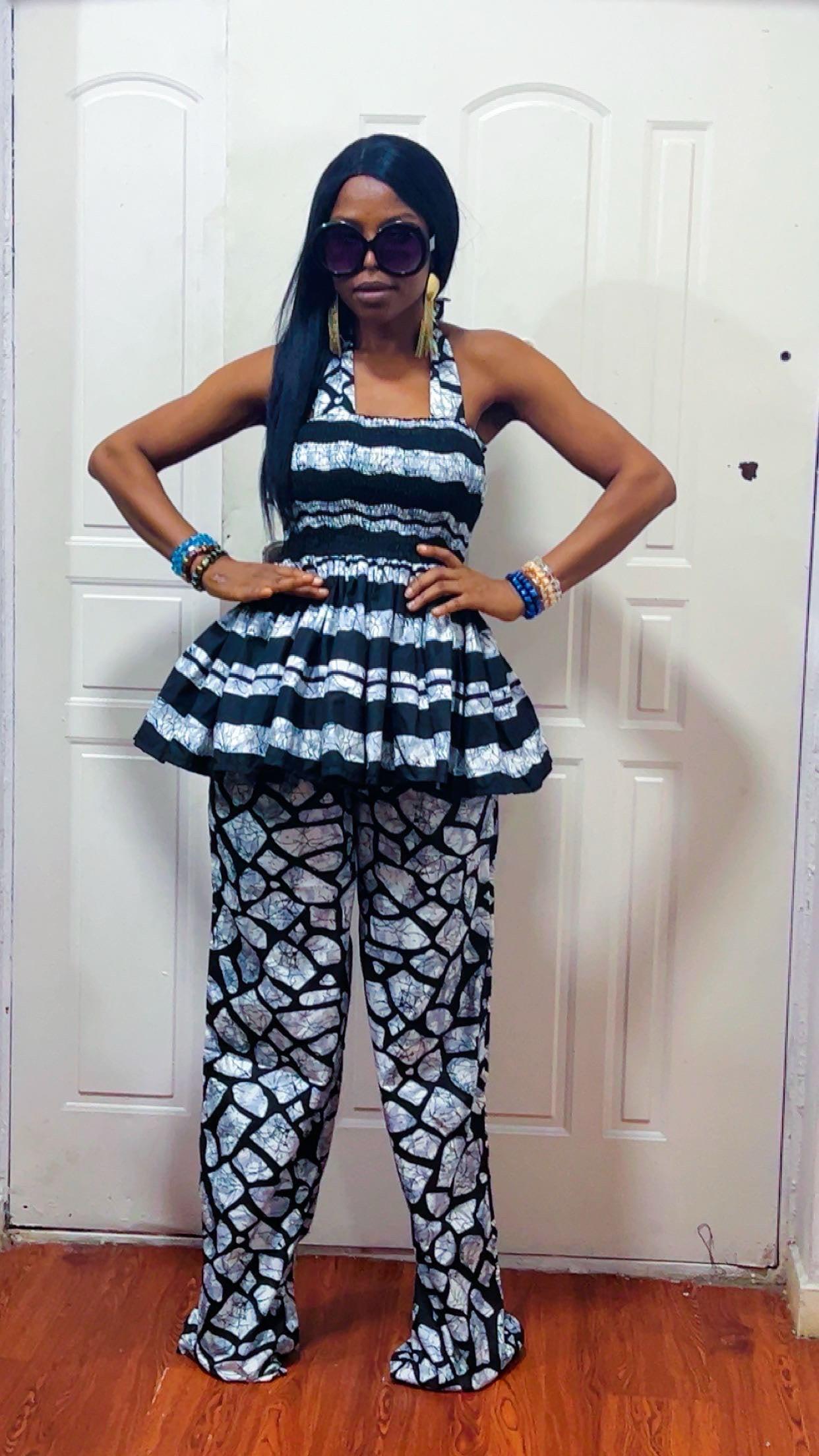 African Print Two Piece Set Smocked Waist Top and Wide Leg Pants