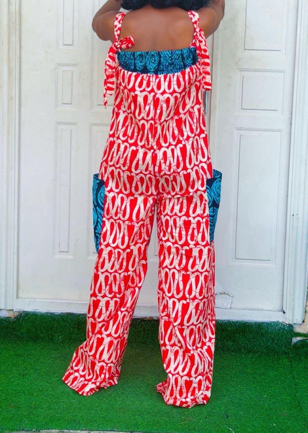 African Print Wide Leg Jumpsuit | Smocked Straps, Pockets, Ankara Cotton Resort Wear