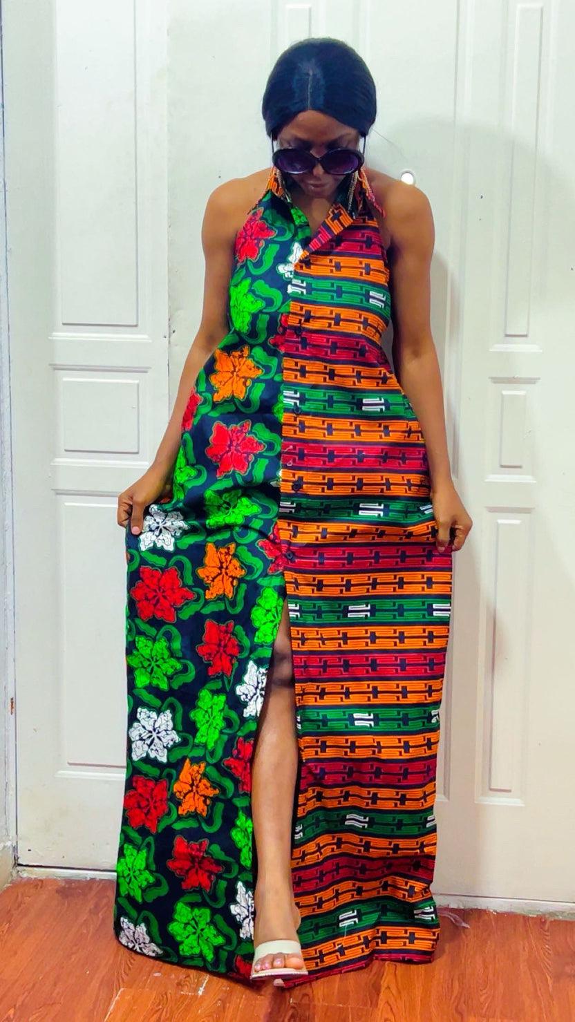 Ego Backless African Print Maxi Dress: Ankara Long boho Dress, Versatile multi-Color Gown