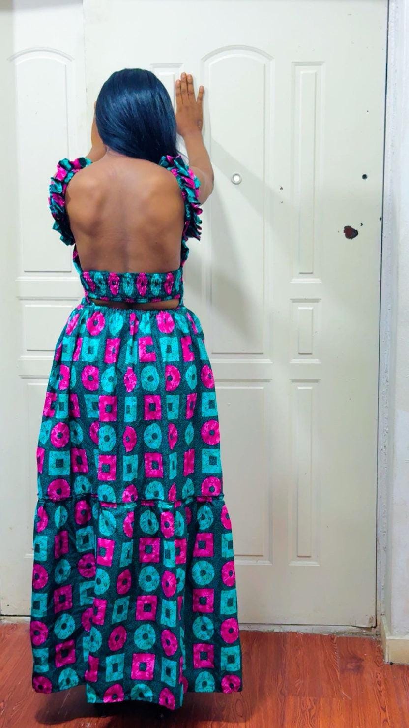 African Print Maxi Dress, Open Back, Ruffle Straps, Geometric Ankara Style