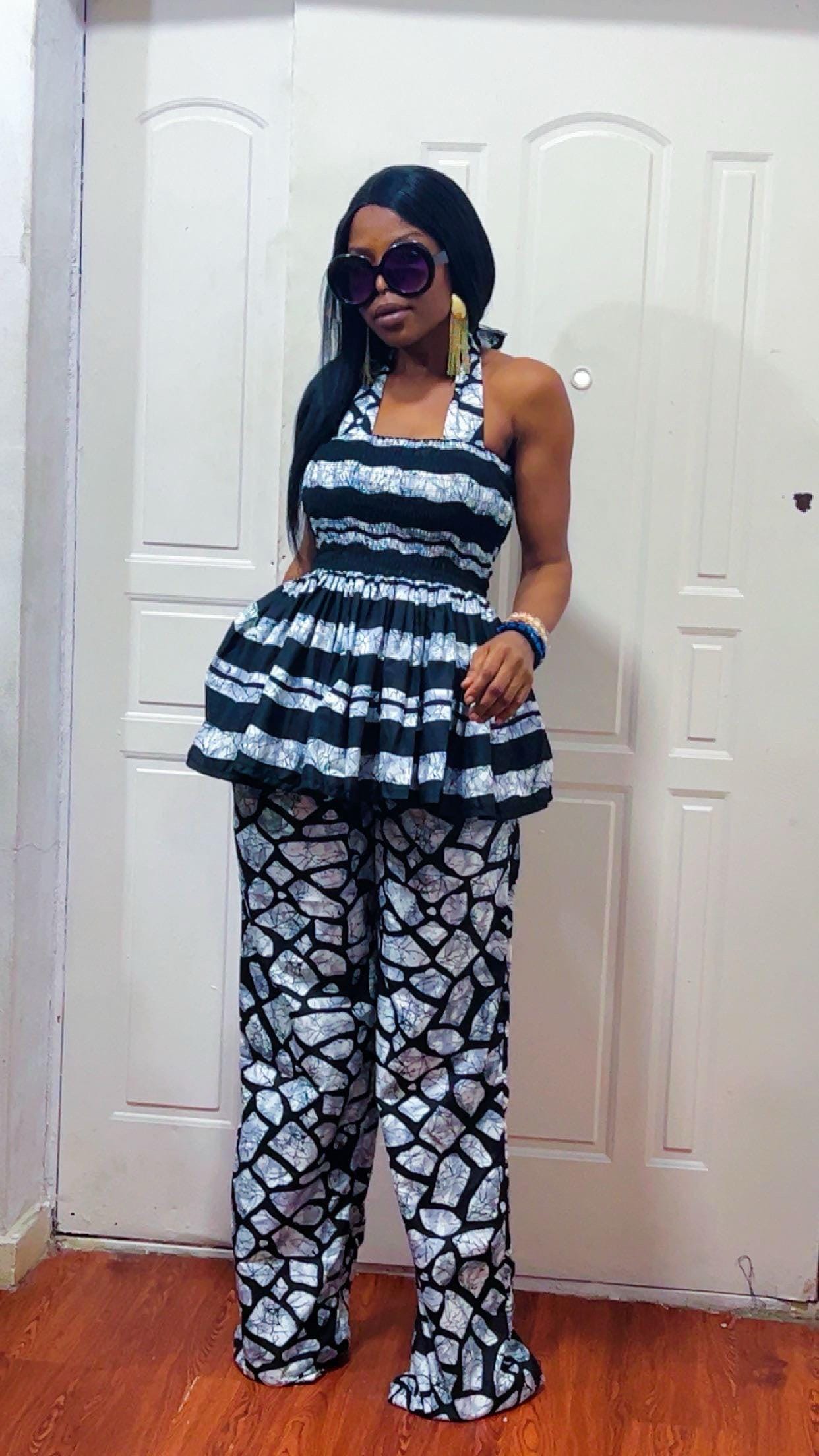 African Print Two Piece Set Smocked Waist Top and Wide Leg Pants