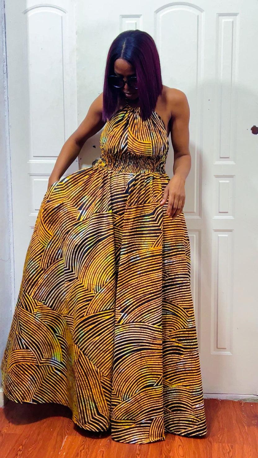 African Print Maxi Dress: Long boho Dress, Versatile sand-Color Gown