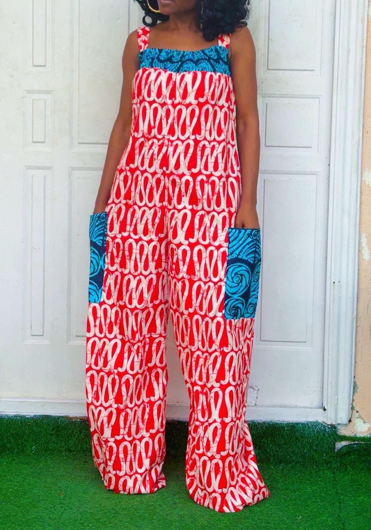 African Print Wide Leg Jumpsuit | Smocked Straps, Pockets, Ankara Cotton Resort Wear