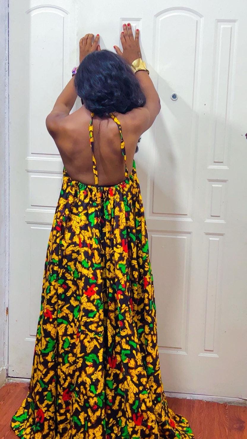 Backless Nkili African Print Maxi Dress: Ankara Long Dress, Versatile multi yellow Gown