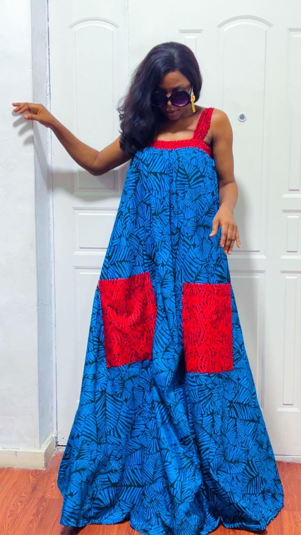 African Print Maxi Dress: Blue and red Ankara boho long Dress, Versatile Style