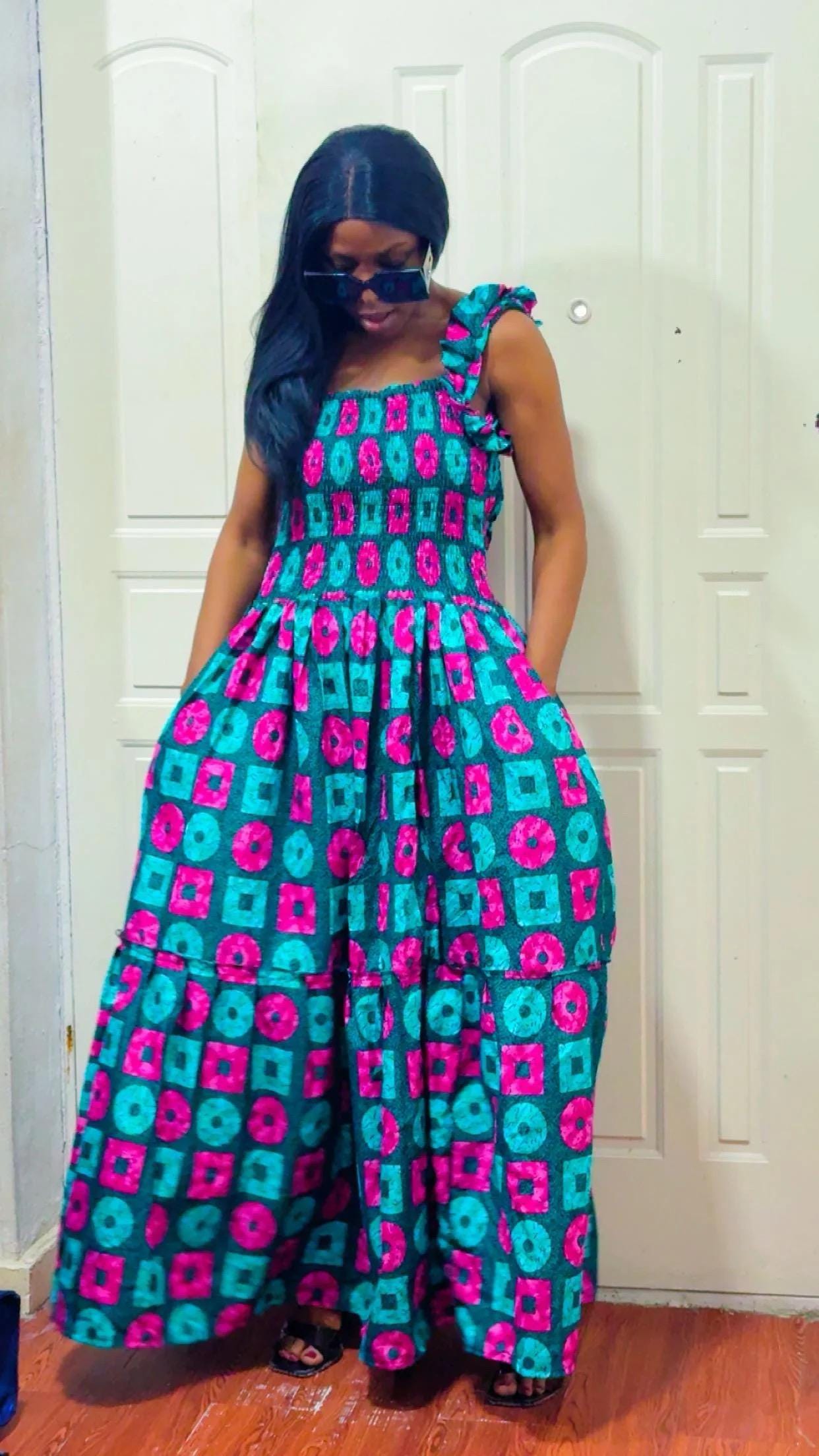 African Print Maxi Dress, Open Back, Ruffle Straps, Geometric Ankara Style
