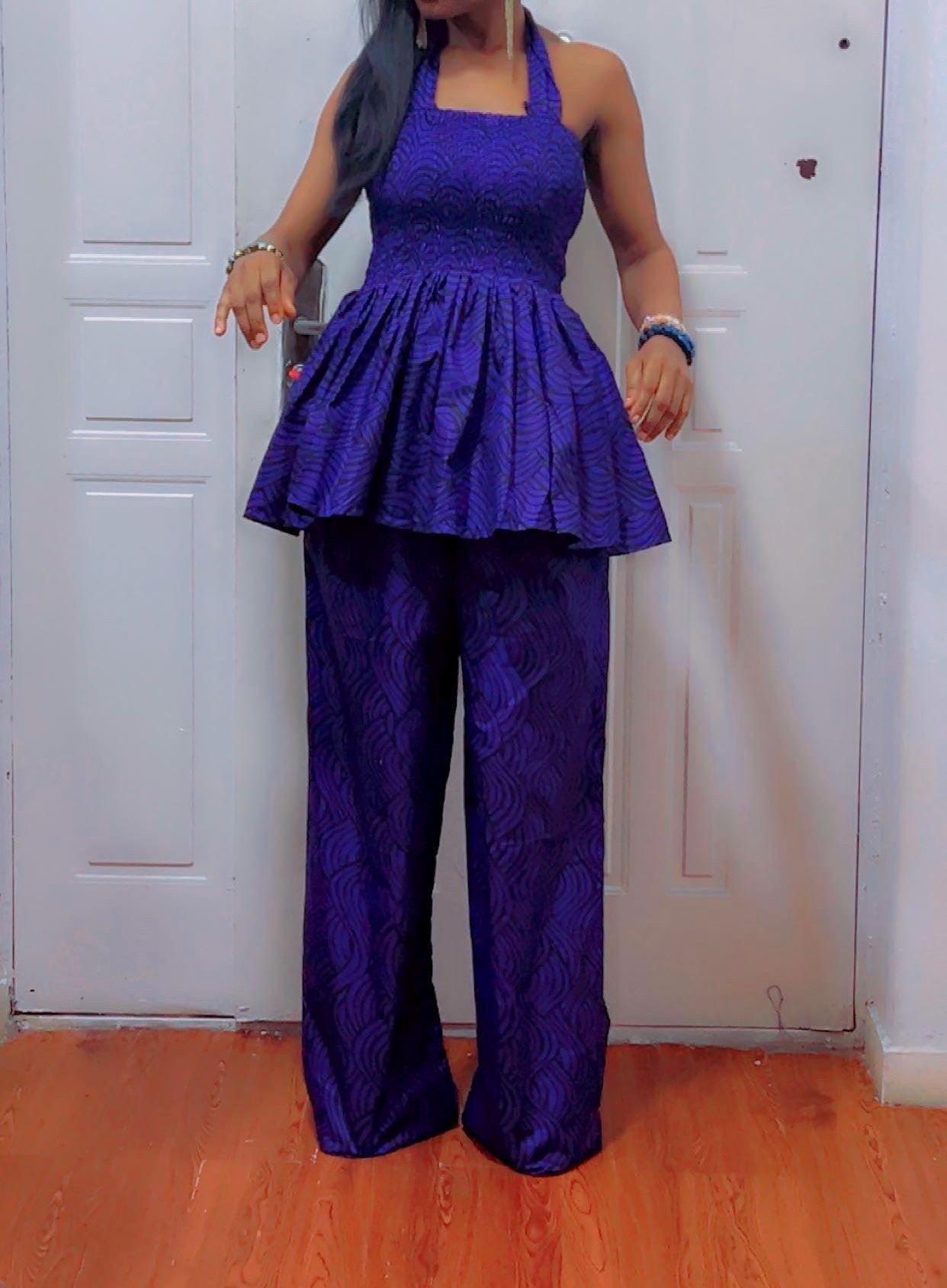 African Print purple Two Piece Set Smocked Waist Top and Wide Leg Pants
