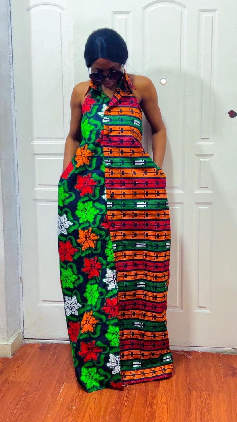 Ego Backless African Print Maxi Dress: Ankara Long boho Dress, Versatile multi-Color Gown