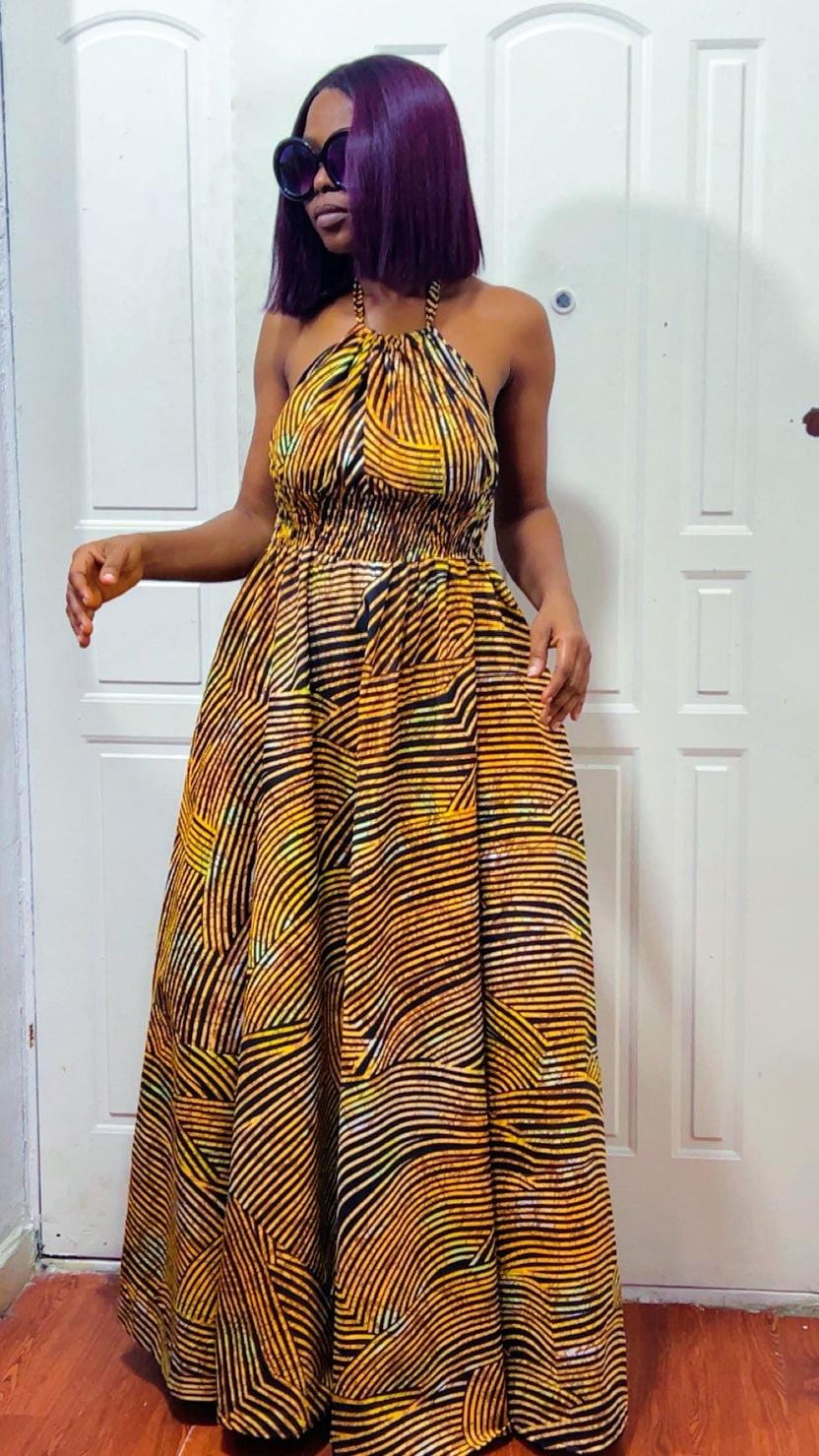 African Print Maxi Dress: Long boho Dress, Versatile sand-Color Gown