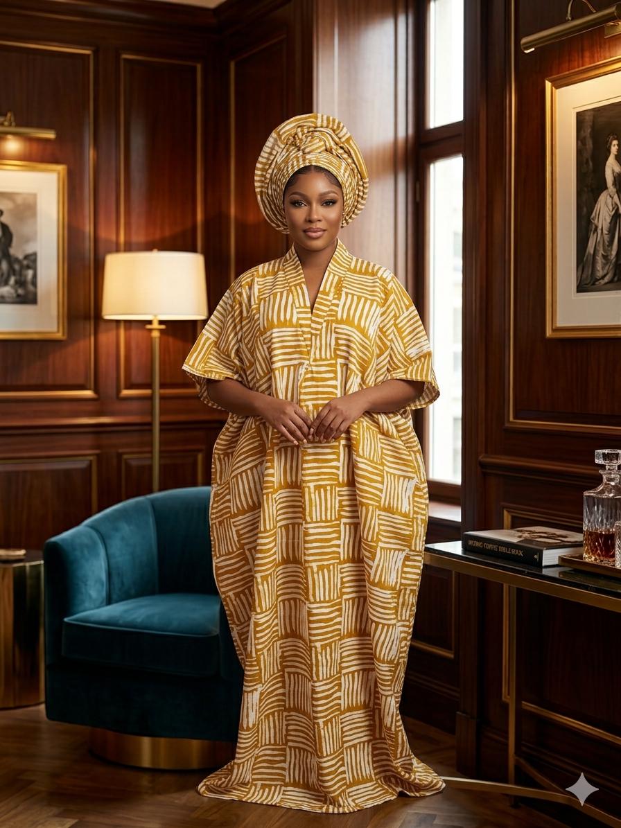 African Print Kaftan Maxi Dress with Headwrap | Gold White Ankara Loose Fit