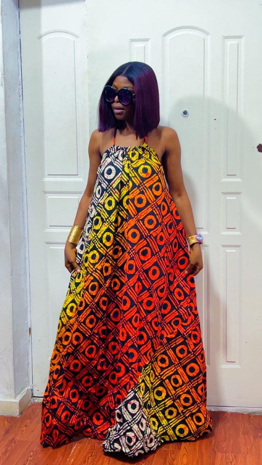Backless Nkili African Print Maxi Dress: Ankara Long Dress, Versatile rich-Color Gown
