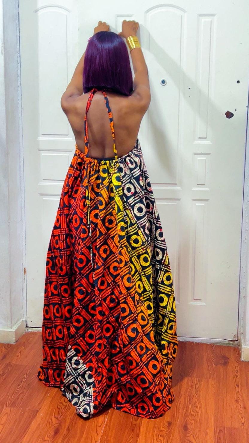Backless Nkili African Print Maxi Dress: Ankara Long Dress, Versatile rich-Color Gown