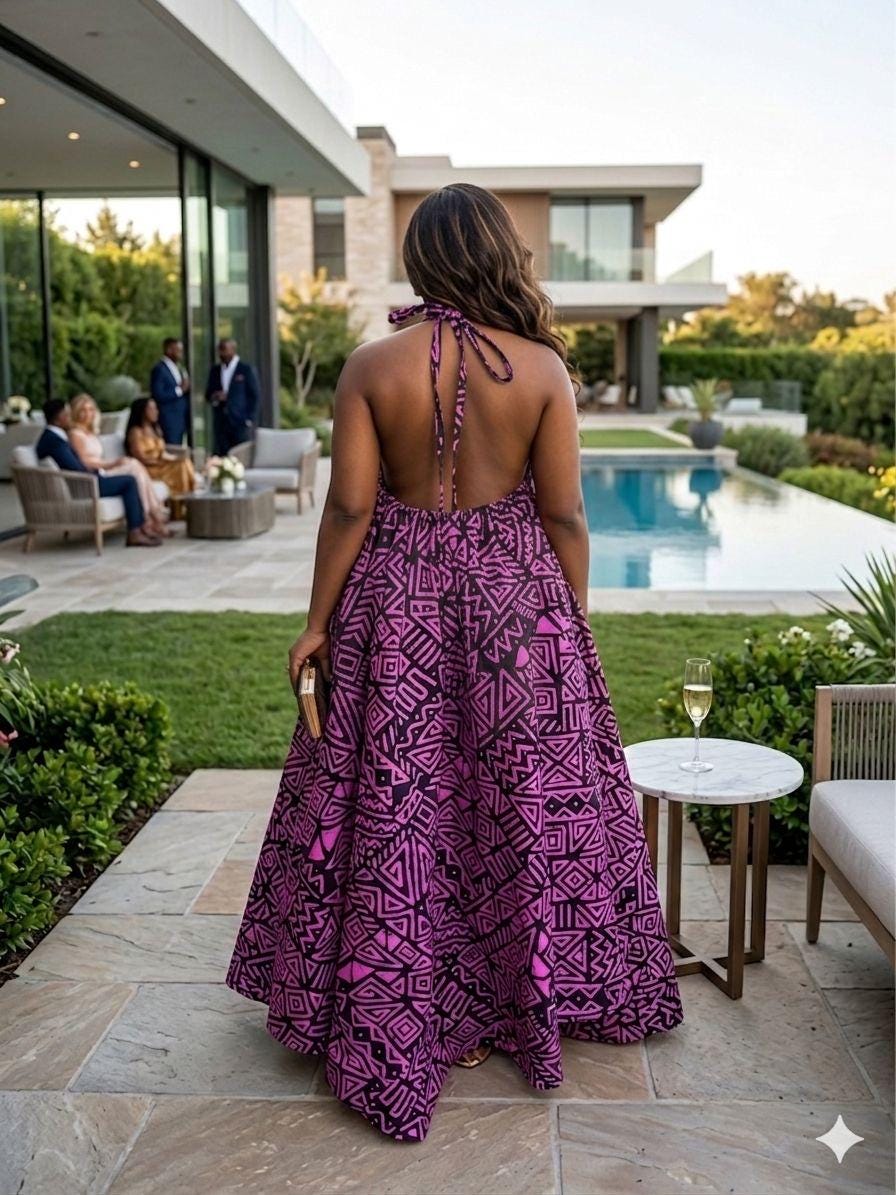 Backless Nkili African Print Maxi Dress: Ankara Long Dress, Versatile magenta Gown