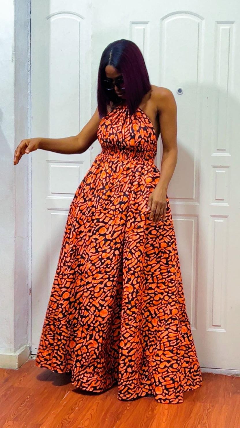 African Print Maxi Dress: Long boho Dress, Versatile rust -Color Gown
