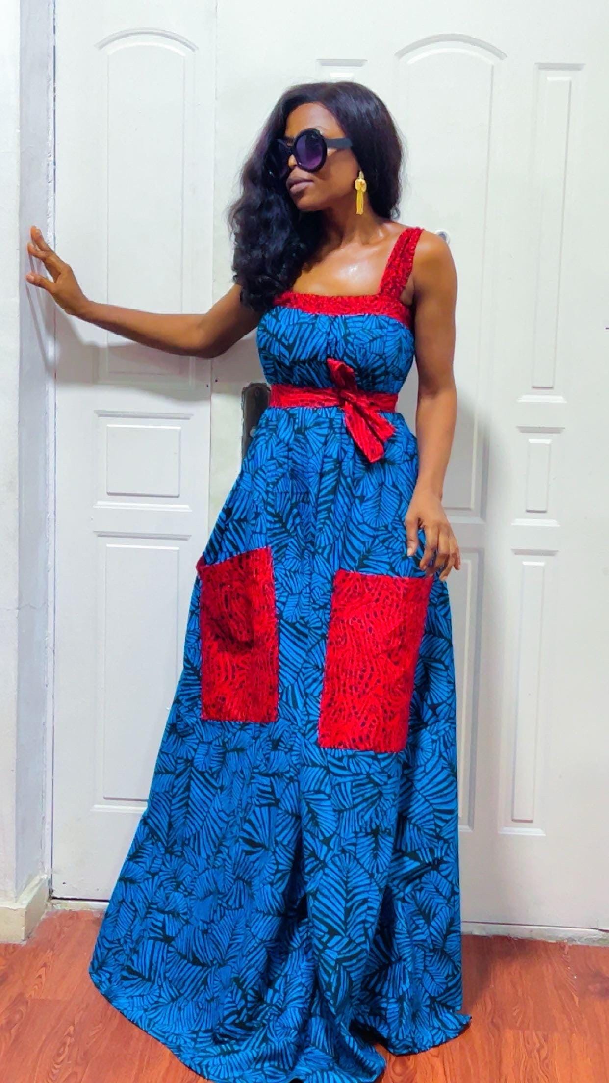 African Print Maxi Dress: Blue and red Ankara boho long Dress, Versatile Style