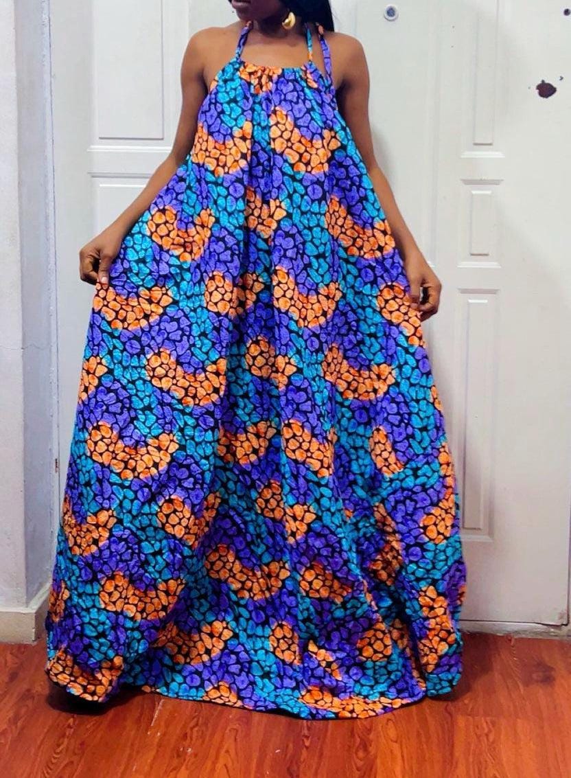 Backless Nkili African Print Maxi Dress: Ankara Long Dress, Versatile multi Color Gown