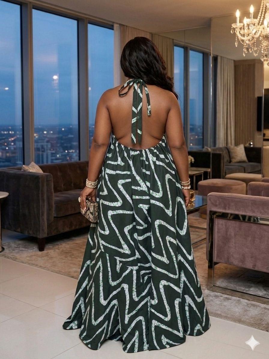 Backless Nkili African Print Maxi Dress: Ankara Long Dress, Versatile jade Gown