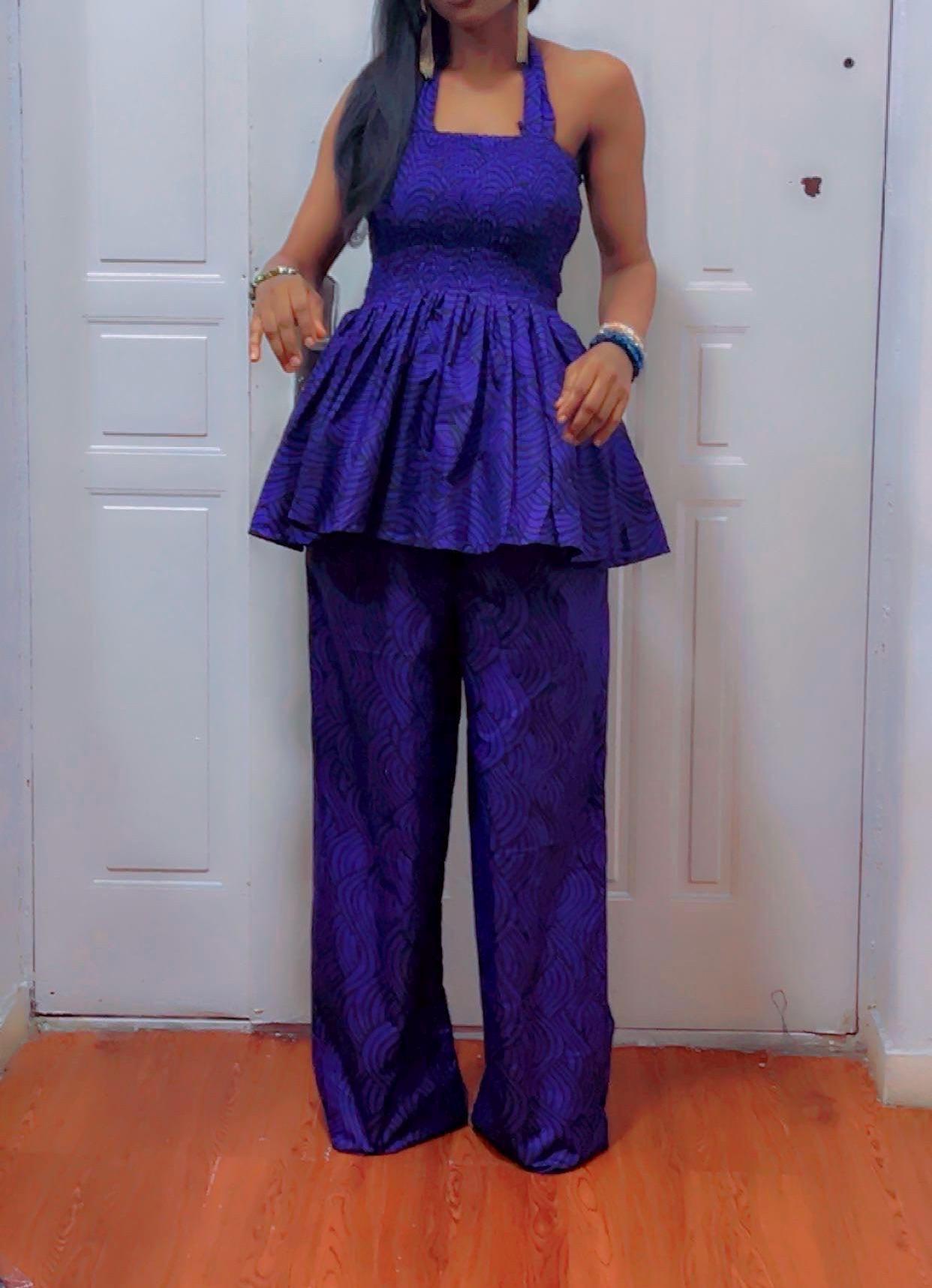 African Print purple Two Piece Set Smocked Waist Top and Wide Leg Pants