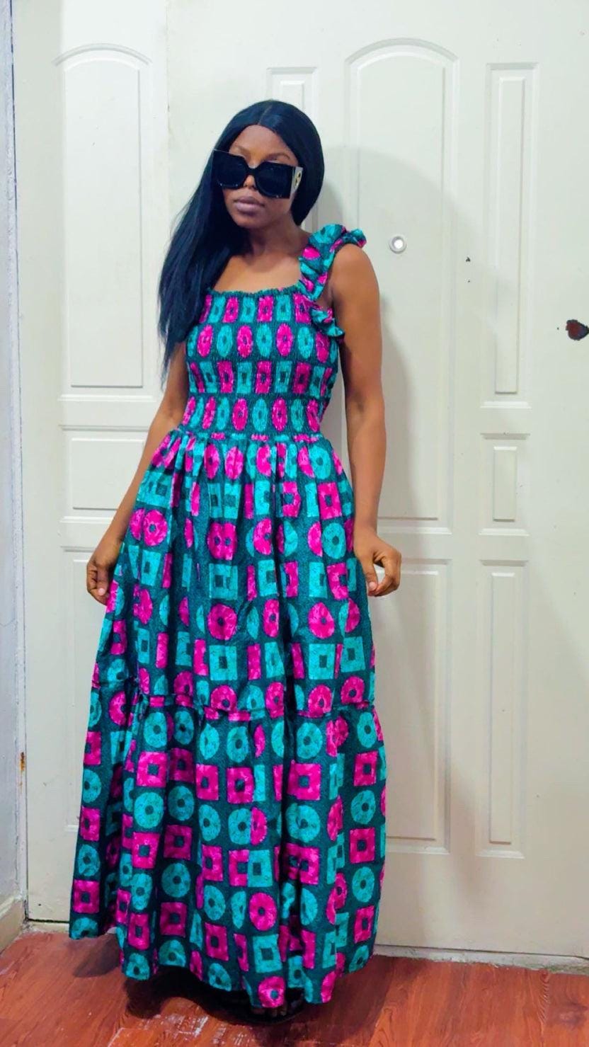 African Print Maxi Dress, Open Back, Ruffle Straps, Geometric Ankara Style