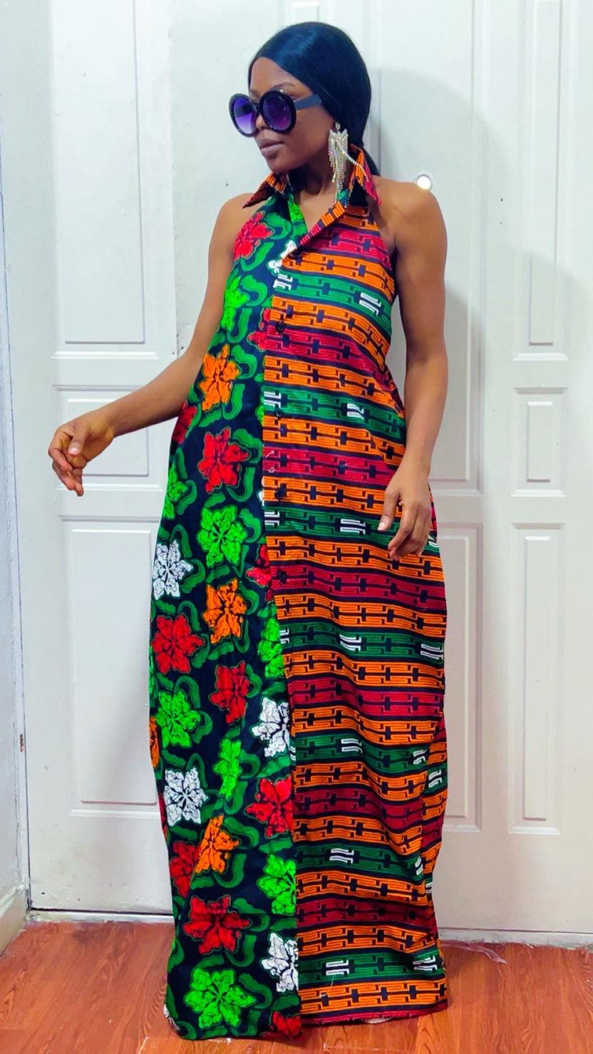 Ego Backless African Print Maxi Dress: Ankara Long boho Dress, Versatile multi-Color Gown