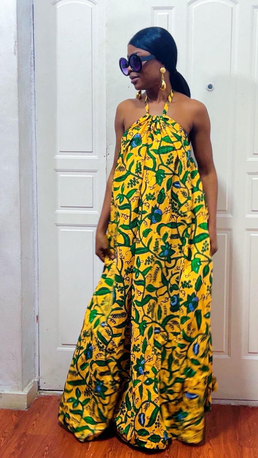 Backless Nkili African Print Maxi Dress: Ankara Long Dress, Versatile yellow Gown