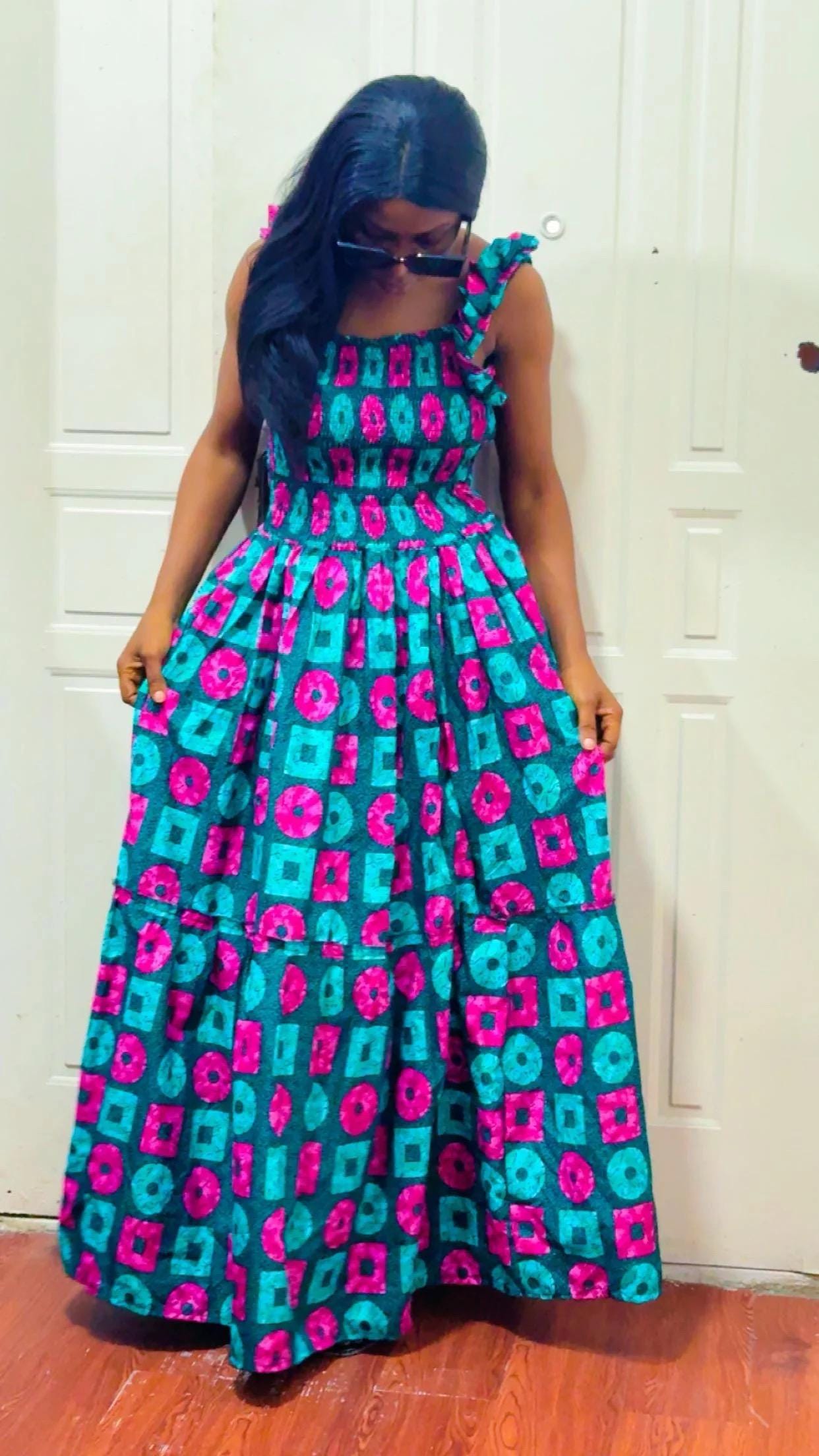 African Print Maxi Dress, Open Back, Ruffle Straps, Geometric Ankara Style