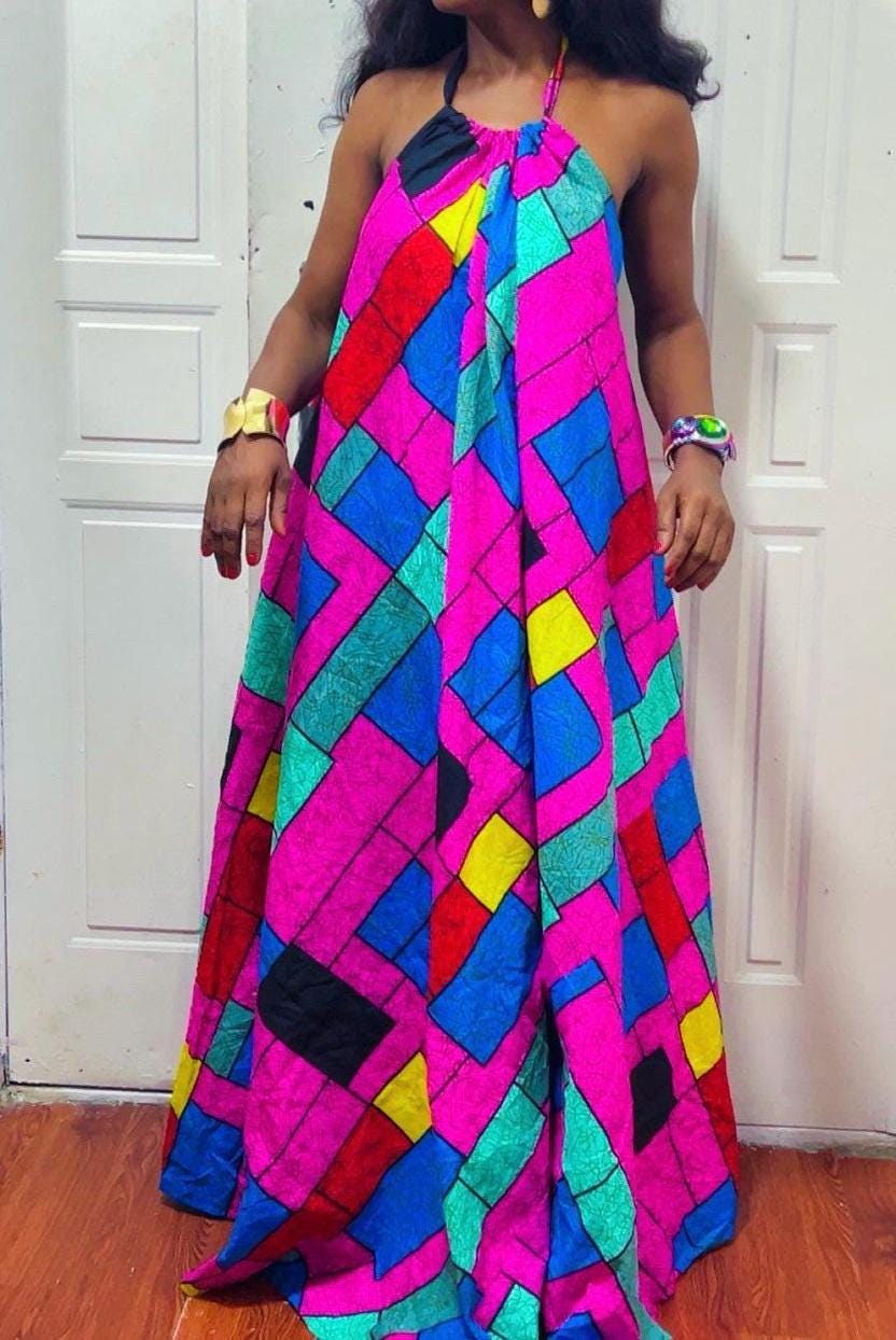 Backless Nkili African Print Maxi Dress: Ankara Long Dress, Versatile Color block Gown