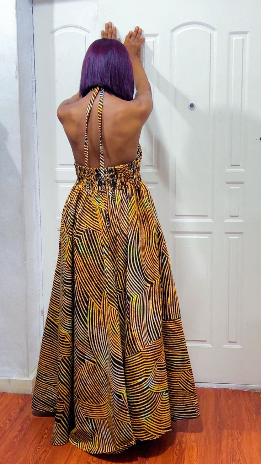African Print Maxi Dress: Long boho Dress, Versatile sand-Color Gown