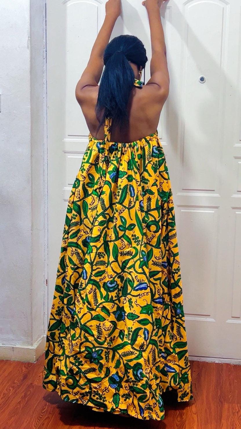 Backless Nkili African Print Maxi Dress: Ankara Long Dress, Versatile yellow Gown