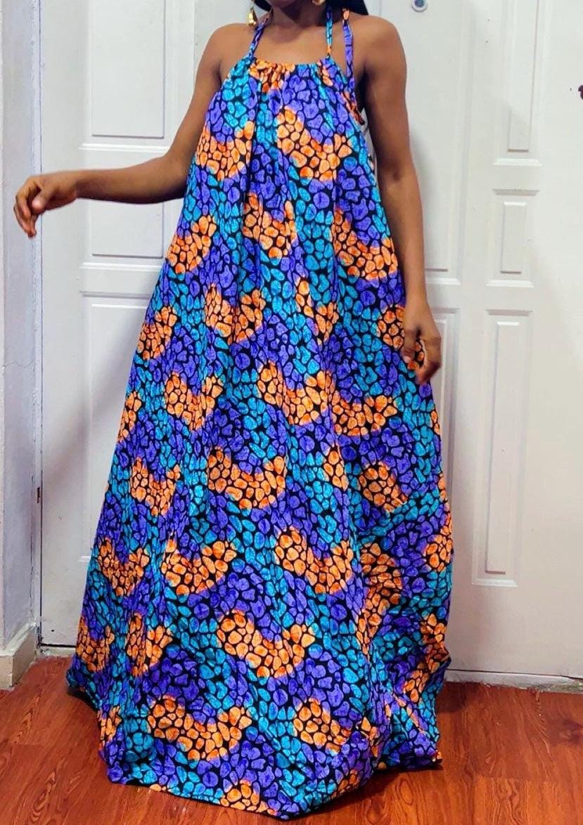 Backless Nkili African Print Maxi Dress: Ankara Long Dress, Versatile multi Color Gown