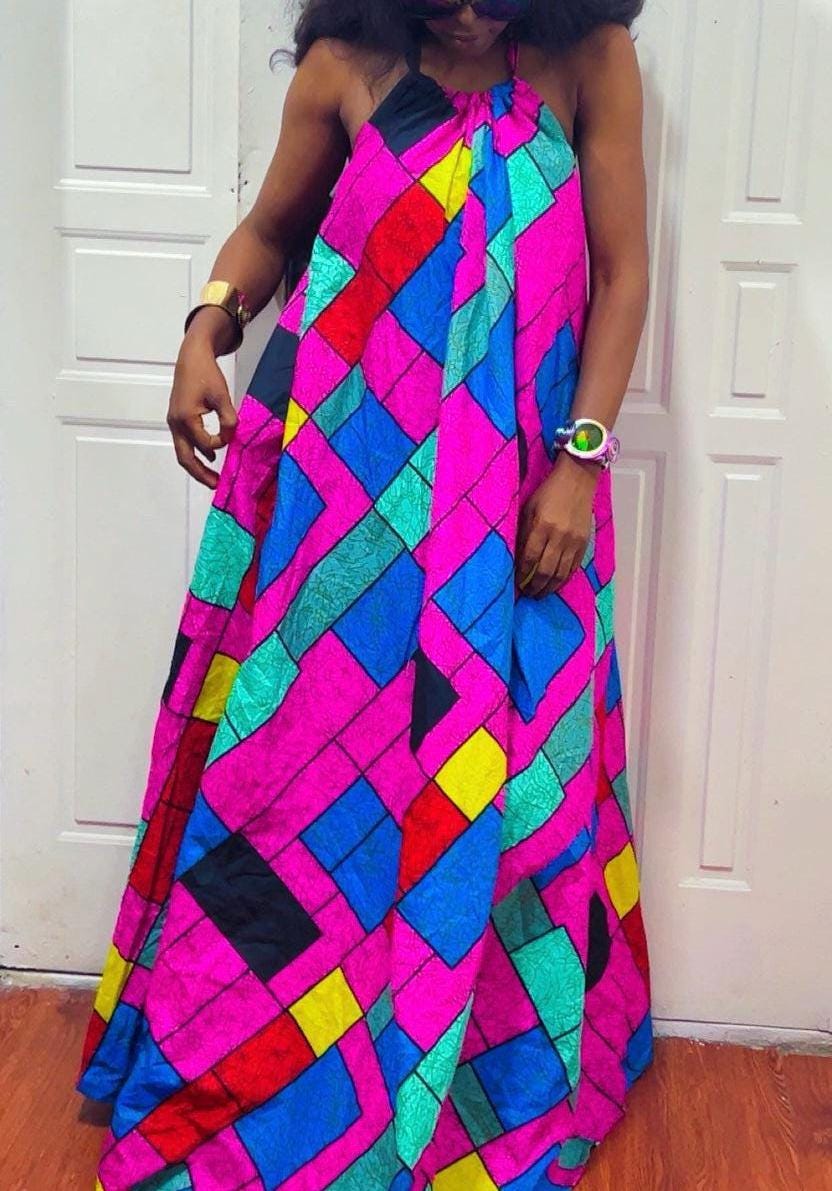 Backless Nkili African Print Maxi Dress: Ankara Long Dress, Versatile Color block Gown