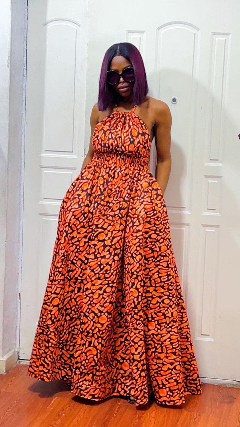 African Print Maxi Dress: Long boho Dress, Versatile rust -Color Gown