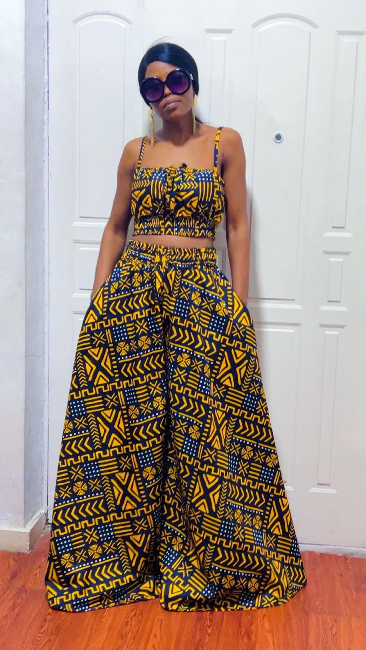 African Print Palazzo Pant Set: Ankara Crop Top, Wide Leg