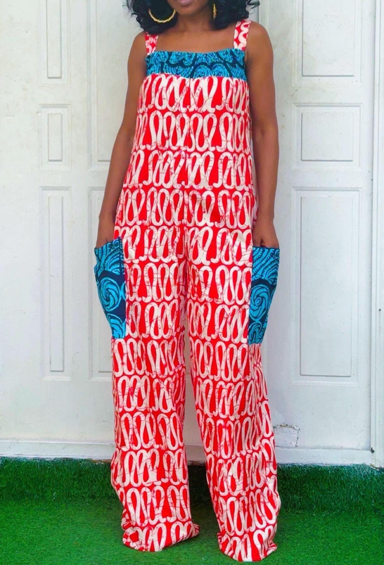 African Print Wide Leg Jumpsuit | Smocked Straps, Pockets, Ankara Cotton Resort Wear