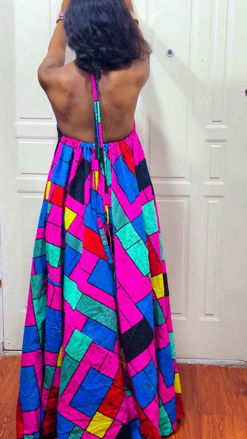 Backless Nkili African Print Maxi Dress: Ankara Long Dress, Versatile Color block Gown