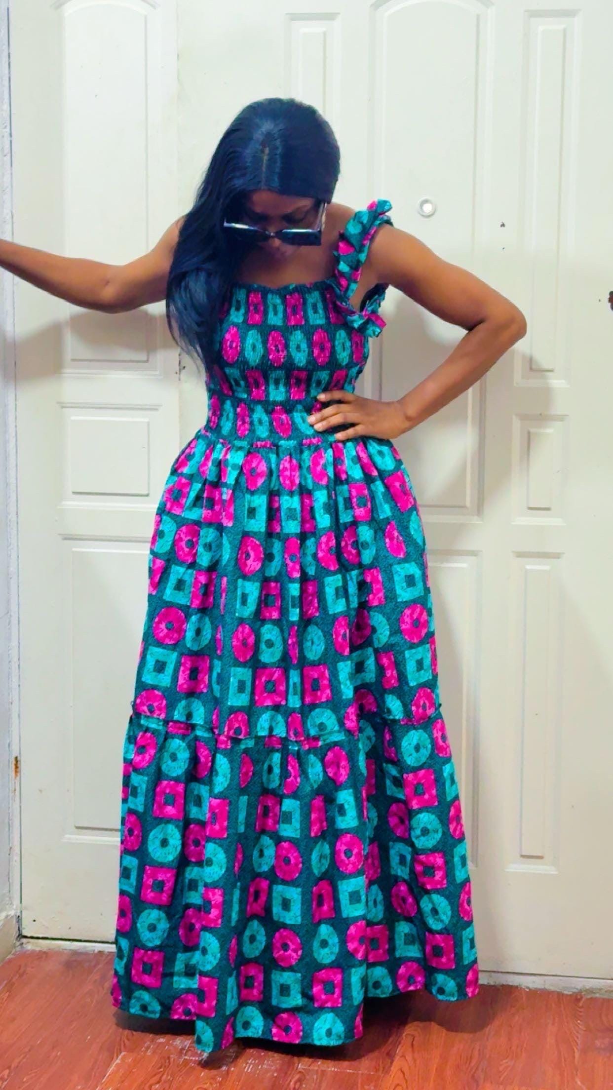 African Print Maxi Dress, Open Back, Ruffle Straps, Geometric Ankara Style