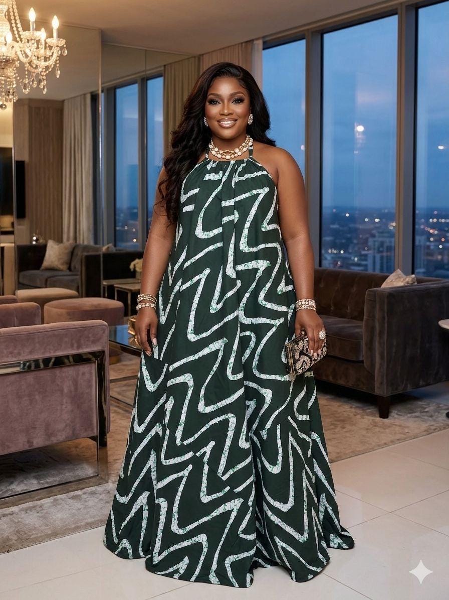 Backless Nkili African Print Maxi Dress: Ankara Long Dress, Versatile jade Gown