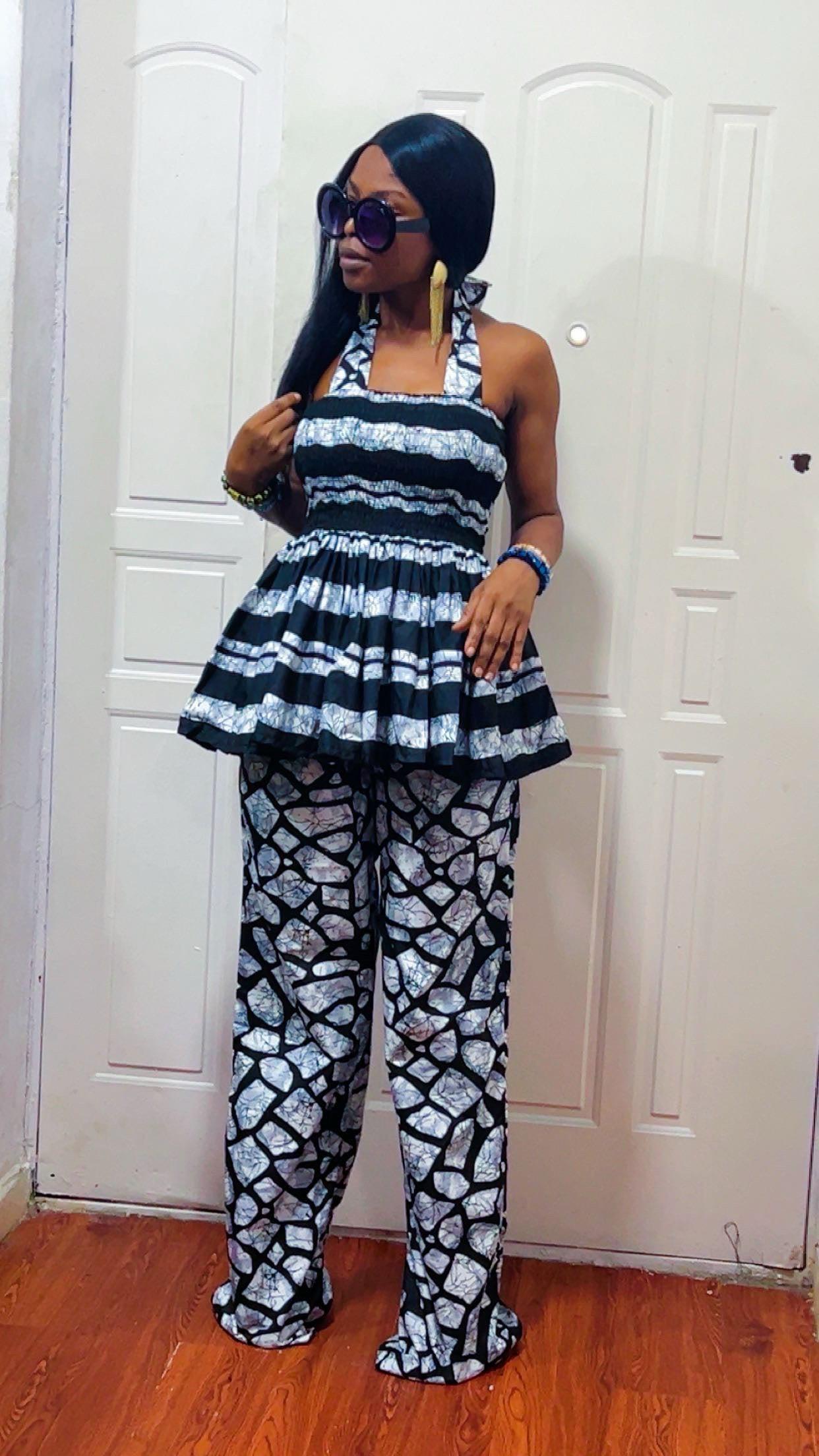 African Print Two Piece Set Smocked Waist Top and Wide Leg Pants