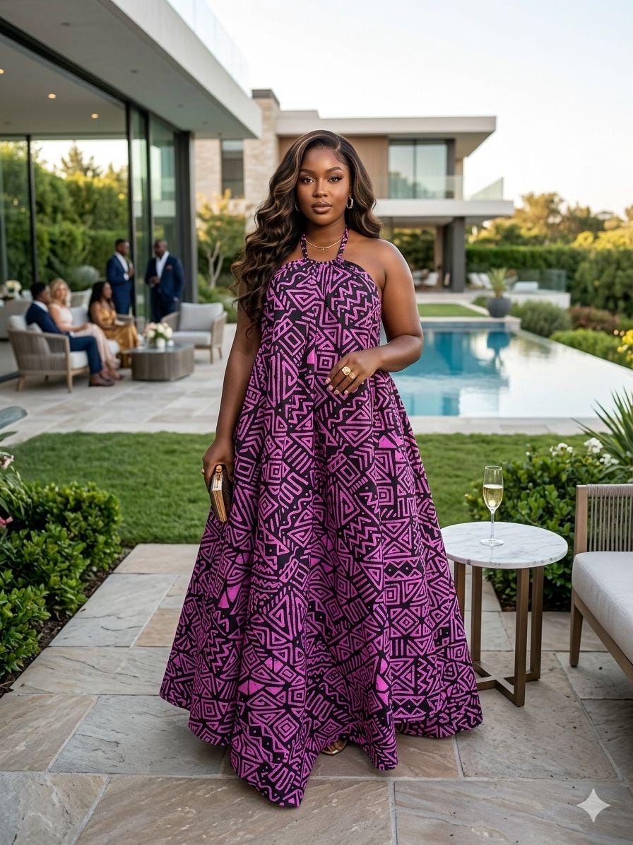 Backless Nkili African Print Maxi Dress: Ankara Long Dress, Versatile magenta Gown