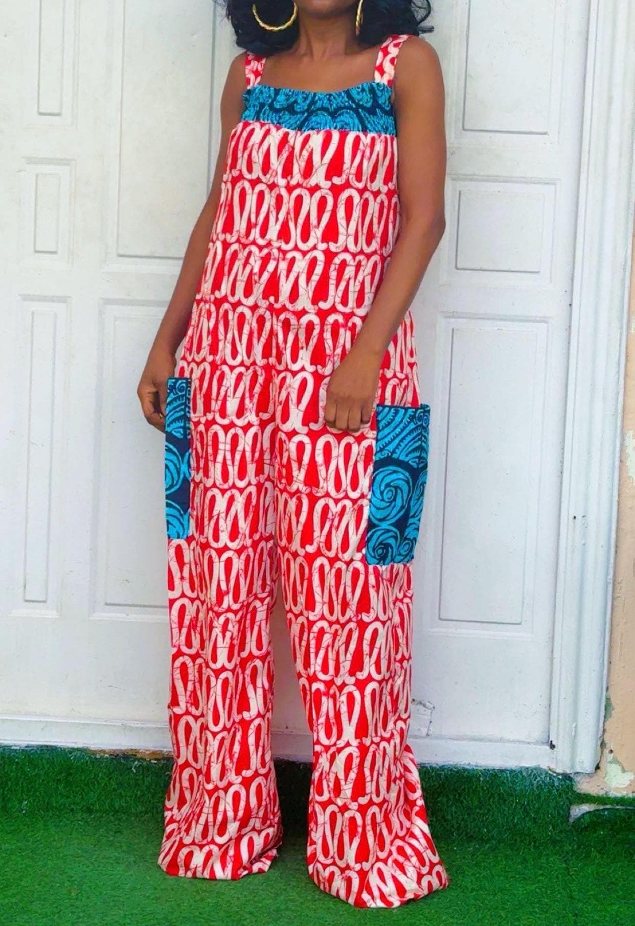 African Print Wide Leg Jumpsuit | Smocked Straps, Pockets, Ankara Cotton Resort Wear