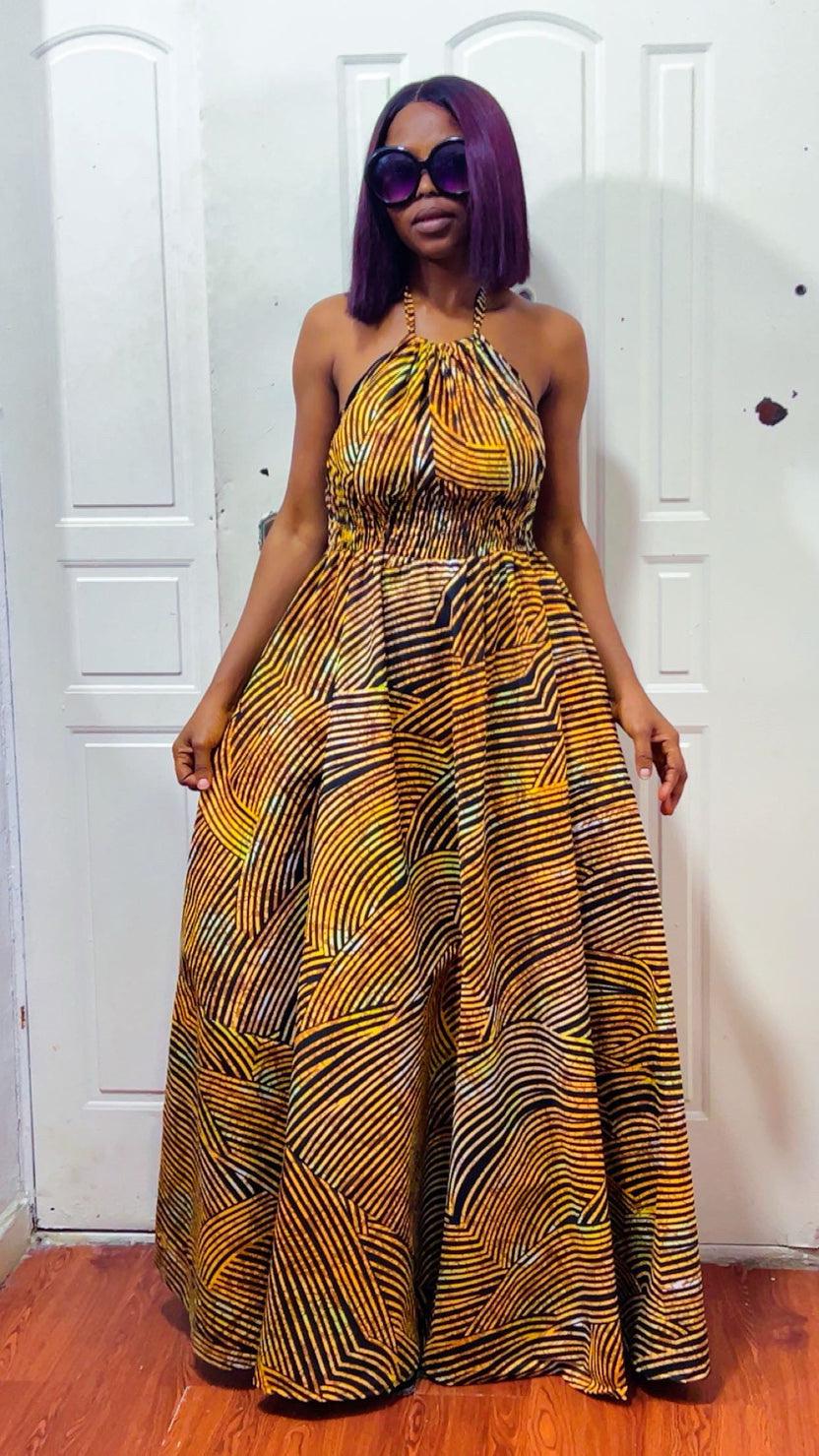 African Print Maxi Dress: Long boho Dress, Versatile sand-Color Gown